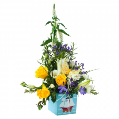 Baby Boy Arrangement - There's a new baby boy and you wish to celebrate the occasion! An arrangement in a petite container in blue, lemon and white.
