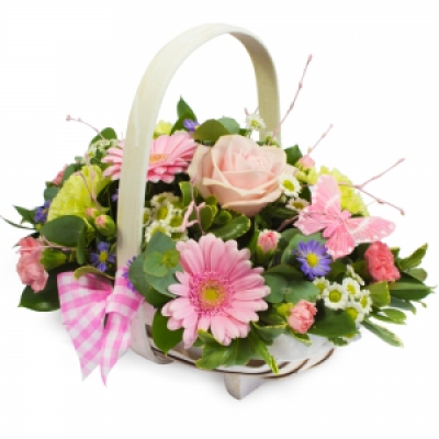 Pretty Perfect - A soft pastel shaded collection of flowers arranged in a basket.
