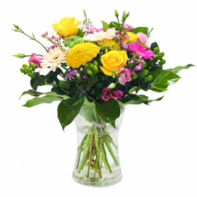 The Happy Vase - A bright citrus selection of flowers arranged in a vase.
