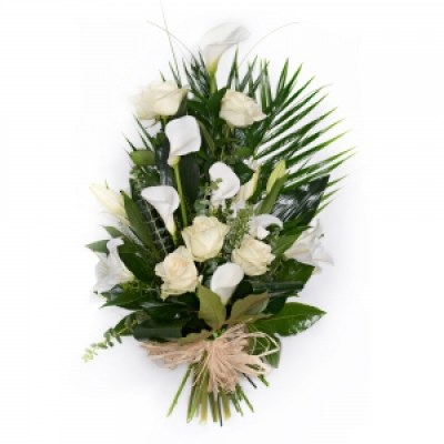 White Tied Sheaf - White flowers and foliage. An ideal presentation bouquet to be sent to a funeral. In whites this bouquet is suitable for a man or a lady.