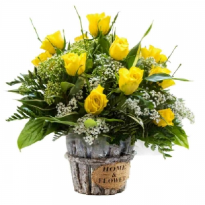 Sunshine Radiance - Hand delivered and complete in a vase. Yellow roses and foliage. (The container may vary. )
