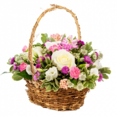 Happy Thoughts - Make their day with a pretty pastel basket of flowers. Nothing to do but enjoy. Crafted by local artisan florists, only the finest buds and leaves are selected, ensuring flowers stay fresher for longer.
