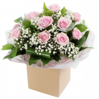 Dreamy Dozen Pink Roses - A beautiful Hand Tied of pink roses and gypsophila makes the perfect gift.
